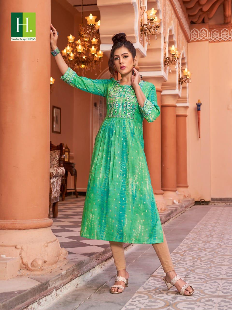 Hirwa Shibori Naira Cut Festive wear Wholesale Embroidery Designer Kurtis
